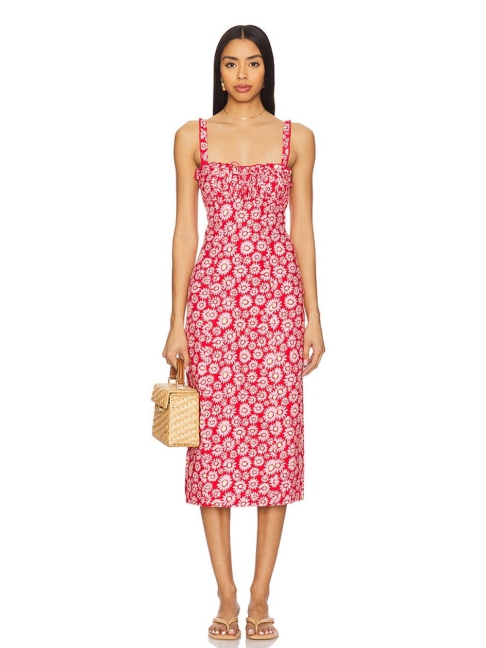 Free People Womens Lucinda Midi Red Dress In Tomato Daisy Smocked Back Revolve L